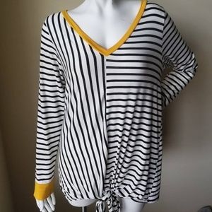 Tie Front Black/Ivory Striped vneck shirt